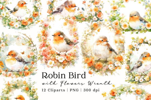Download Robin Bird Flowers Wreath Watercolor PNG - Watercolor png Collection